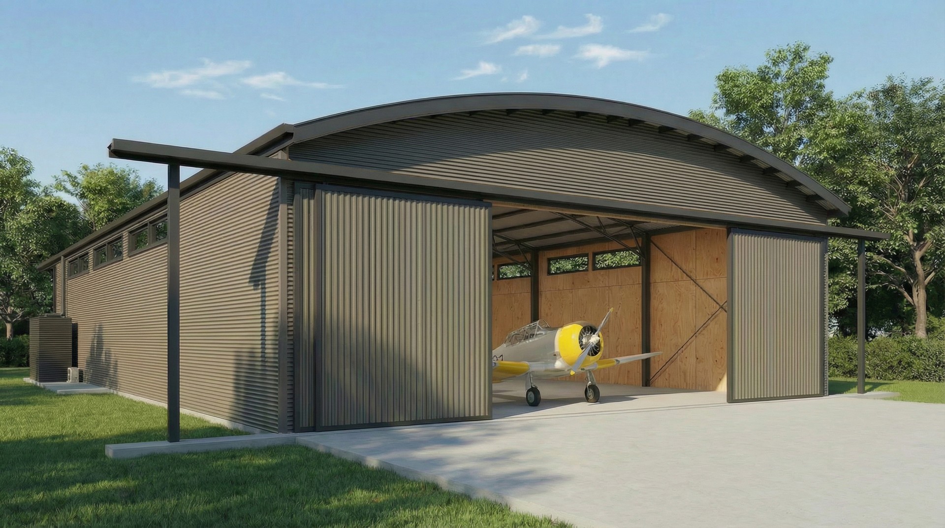 Airplane hangar with accommodation designed by Brisbane residential architects Quorum Studios - industrial warehouse-style pilot house custom aviation home Sunshine Coast