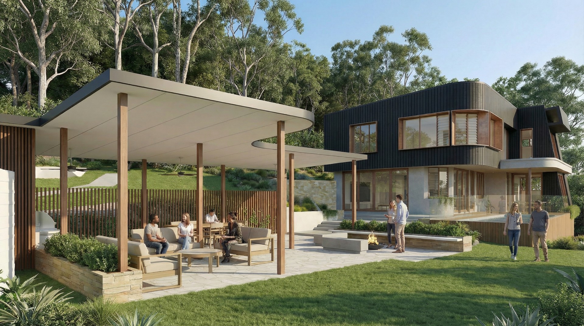 Contemporary Brisbane home with outdoor entertaining pavilion and seamless indoor-outdoor living designed by Quorum Studios architects