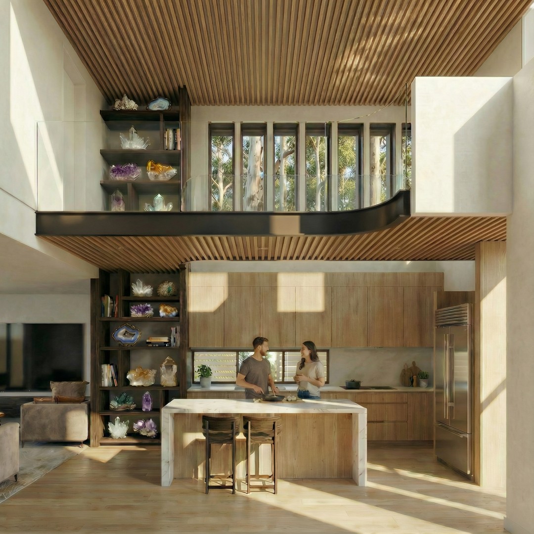 Open-plan living dining and kitchen with timber batten ceiling and double volume space in The Gap contemporary home designed by Quorum Studios architects