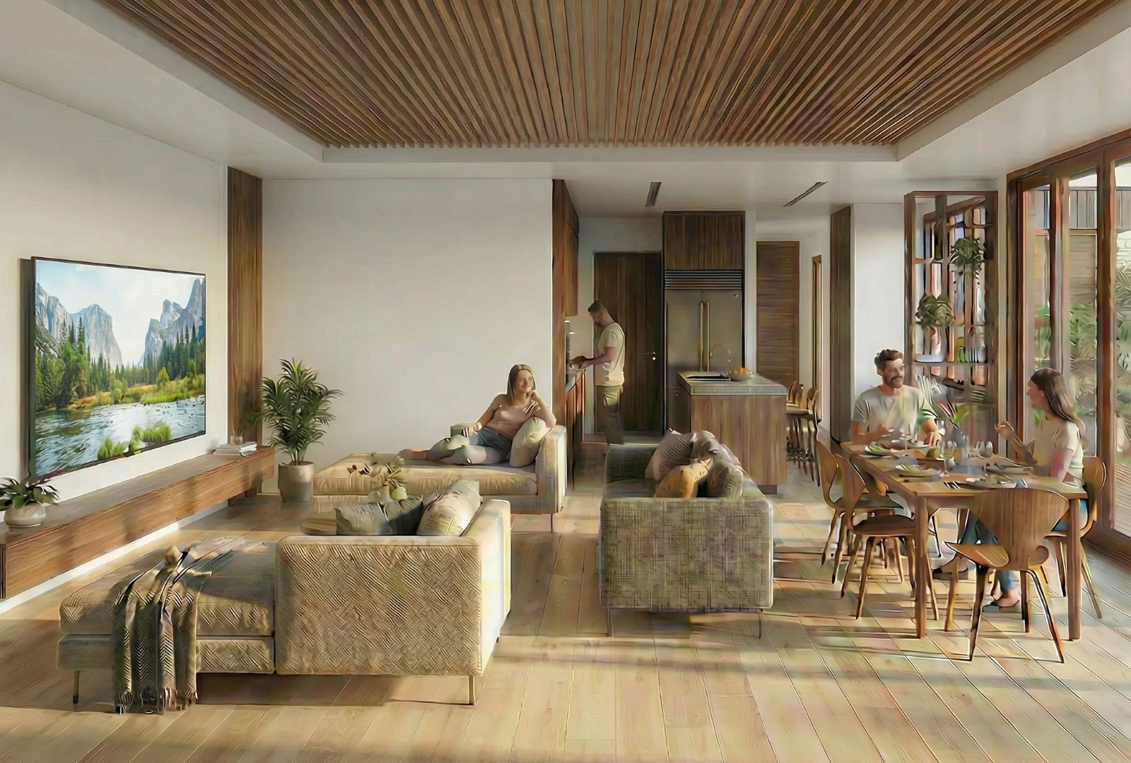 Open-plan living dining and kitchen with timber batten ceiling and double volume space in The Gap contemporary home designed by Quorum Studios architects