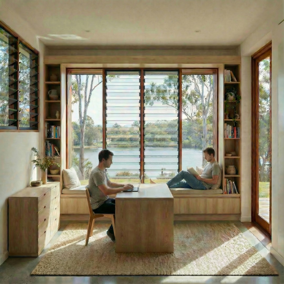 Custom study nook with built-in window seat and bookshelves overlooking landscape in The Gap Brisbane residence designed by Quorum Studios architects