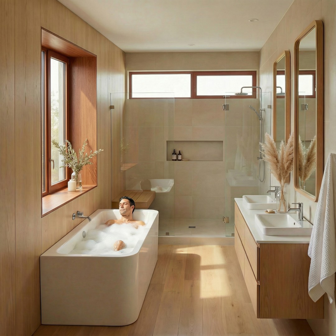 Modern bathroom interior with freestanding bath, timber paneling and natural light in The Gap residence designed by Quorum Studios