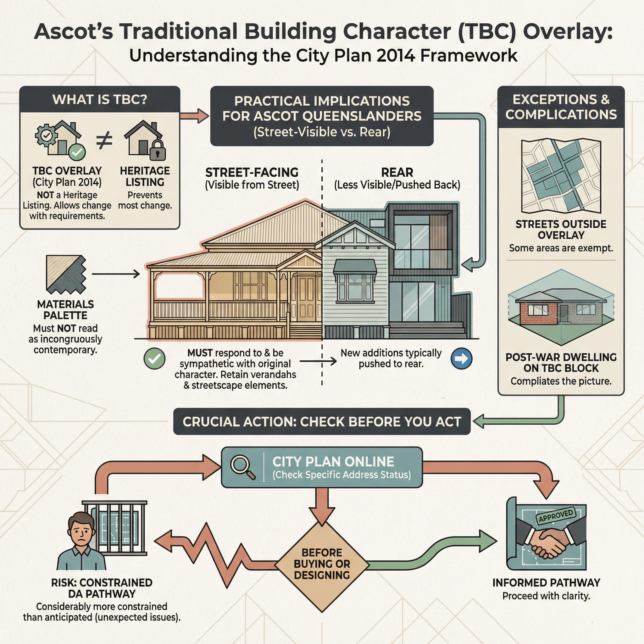 Infographic explaining Ascot's Traditional Building Character (TBC) overlay under Brisbane City Plan 2014 — showing street-facing vs rear addition requirements, heritage listing differences, and the City Plan Online check process for Queenslander renovation in Brisbane