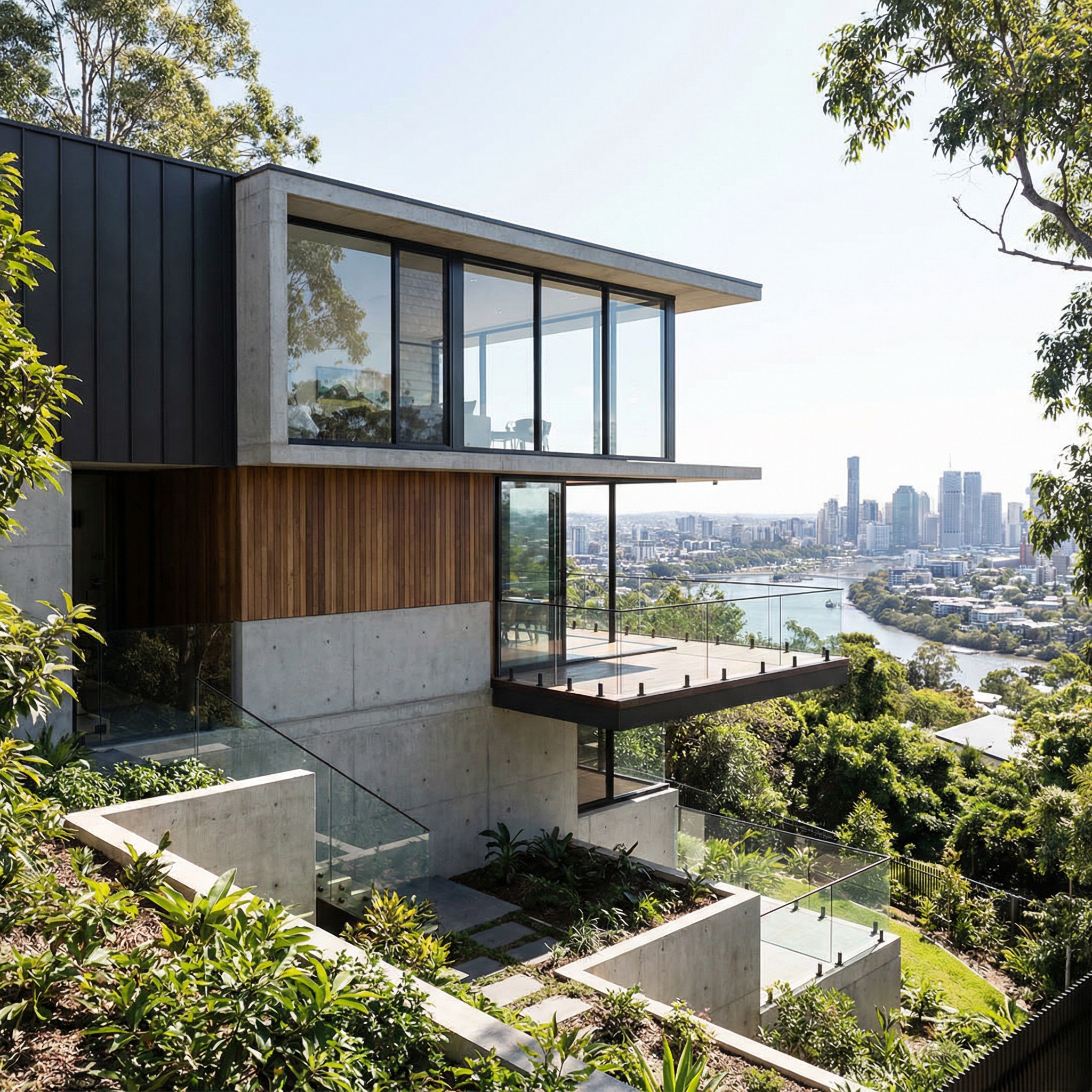 Bespoke residential architect Brisbane — cantilevered Hamilton Hill home with floor-to-ceiling glazing, panoramic Brisbane River and city views, Quorum Studios