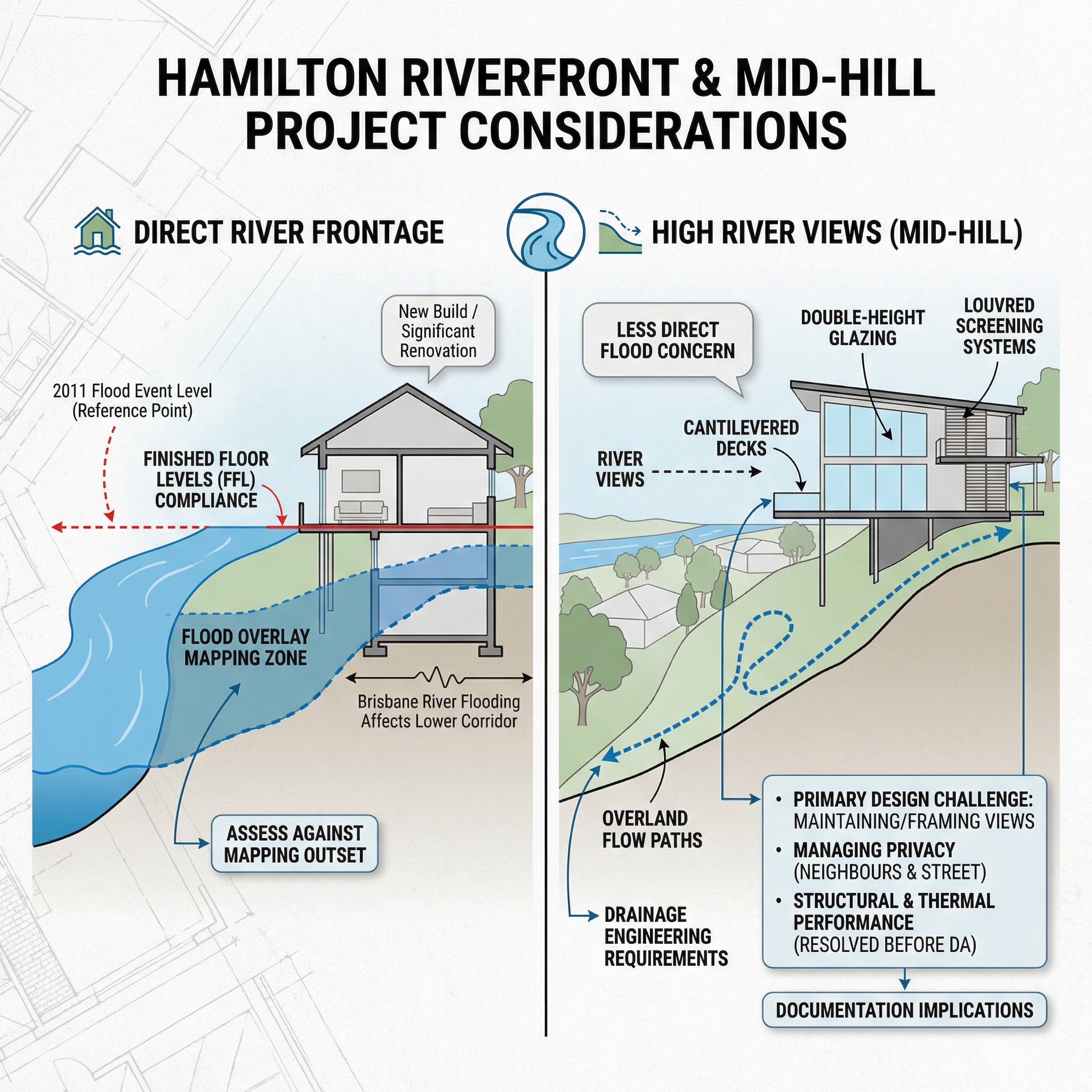 Quorum Studios Hamilton Brisbane — riverfront flood overlay and FFL compliance versus mid-hill overland flow paths, drainage engineering, and DA documentation