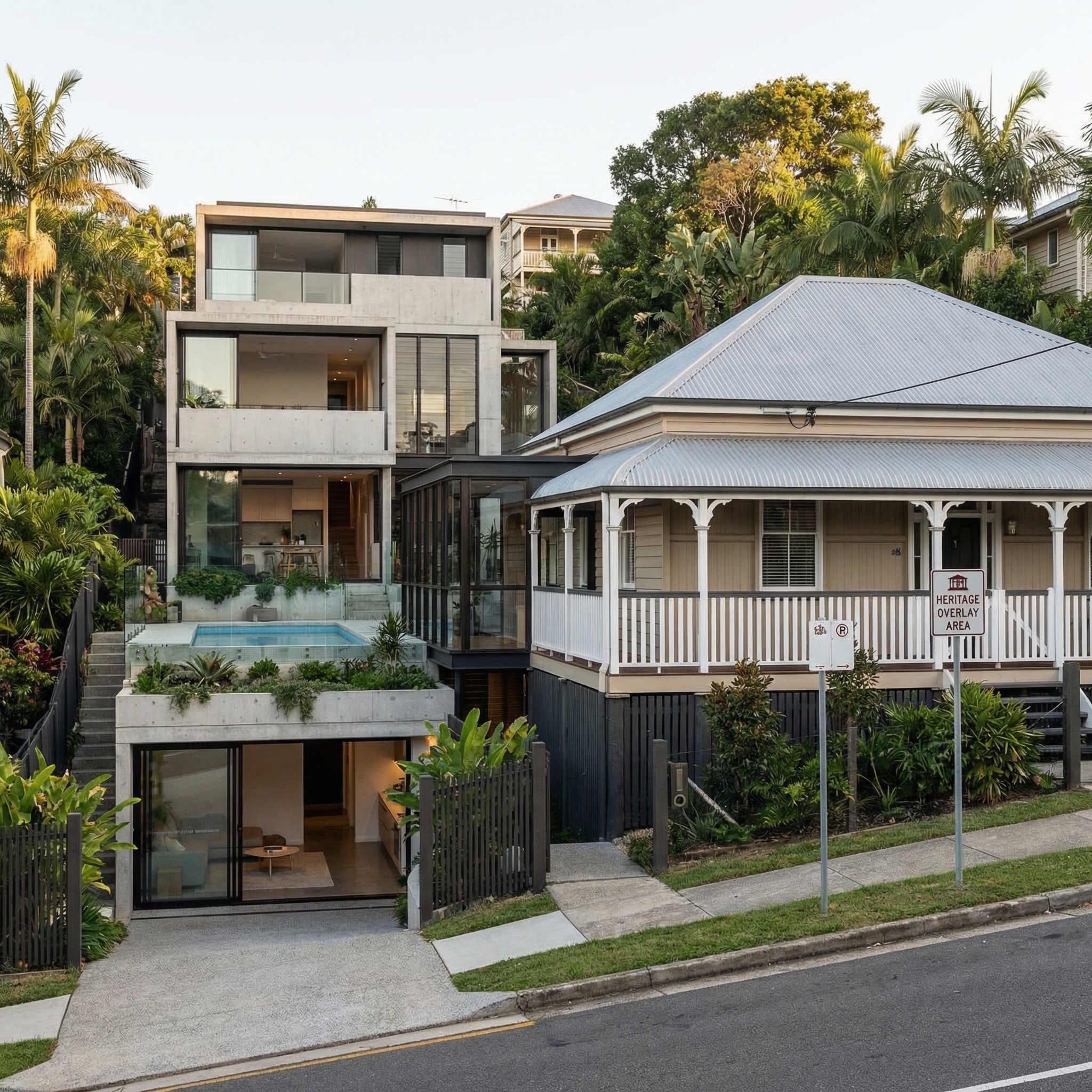 Contemporary home beside a heritage Queenslander on Hamilton Brisbane hillside — concrete and glass in a heritage overlay area, renovation architect Brisbane