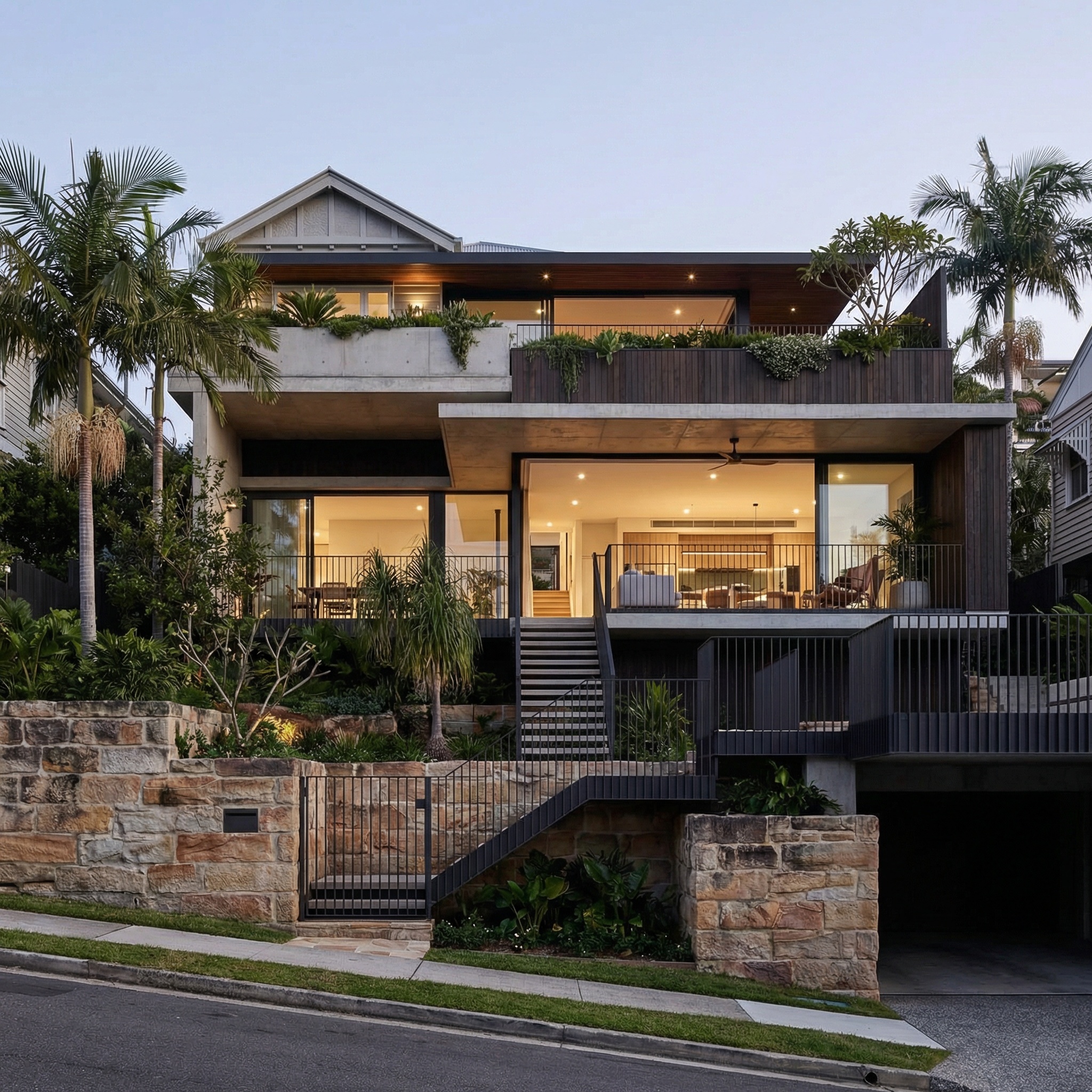 Luxury hillside home on Hamilton Hill Brisbane — dark timber and concrete, deep eaves, tropical planting and sandstone retaining walls on a steep sloping block