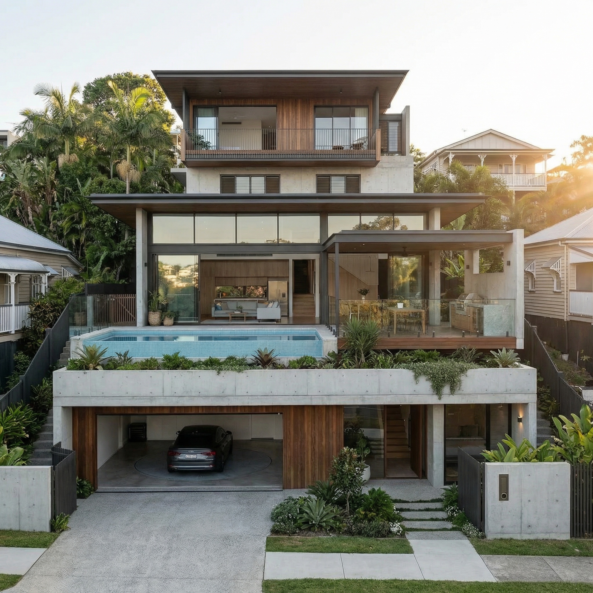 Three-level luxury home on Hamilton Brisbane sloping block — street garage with car turntable, cantilevered pool terrace, open-plan living above, Quorum Studios