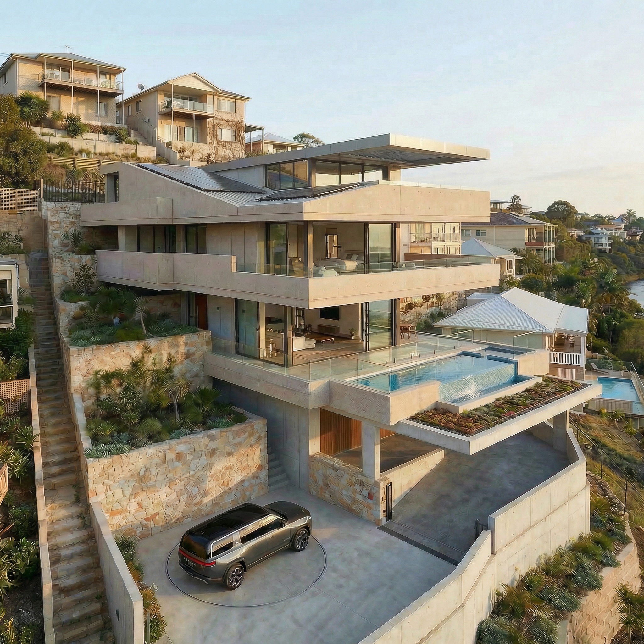 Prestige new build on Hamilton Hill Brisbane — infinity pool, car turntable, solar panels, Brisbane River views, high-end residential architect, Quorum Studios
