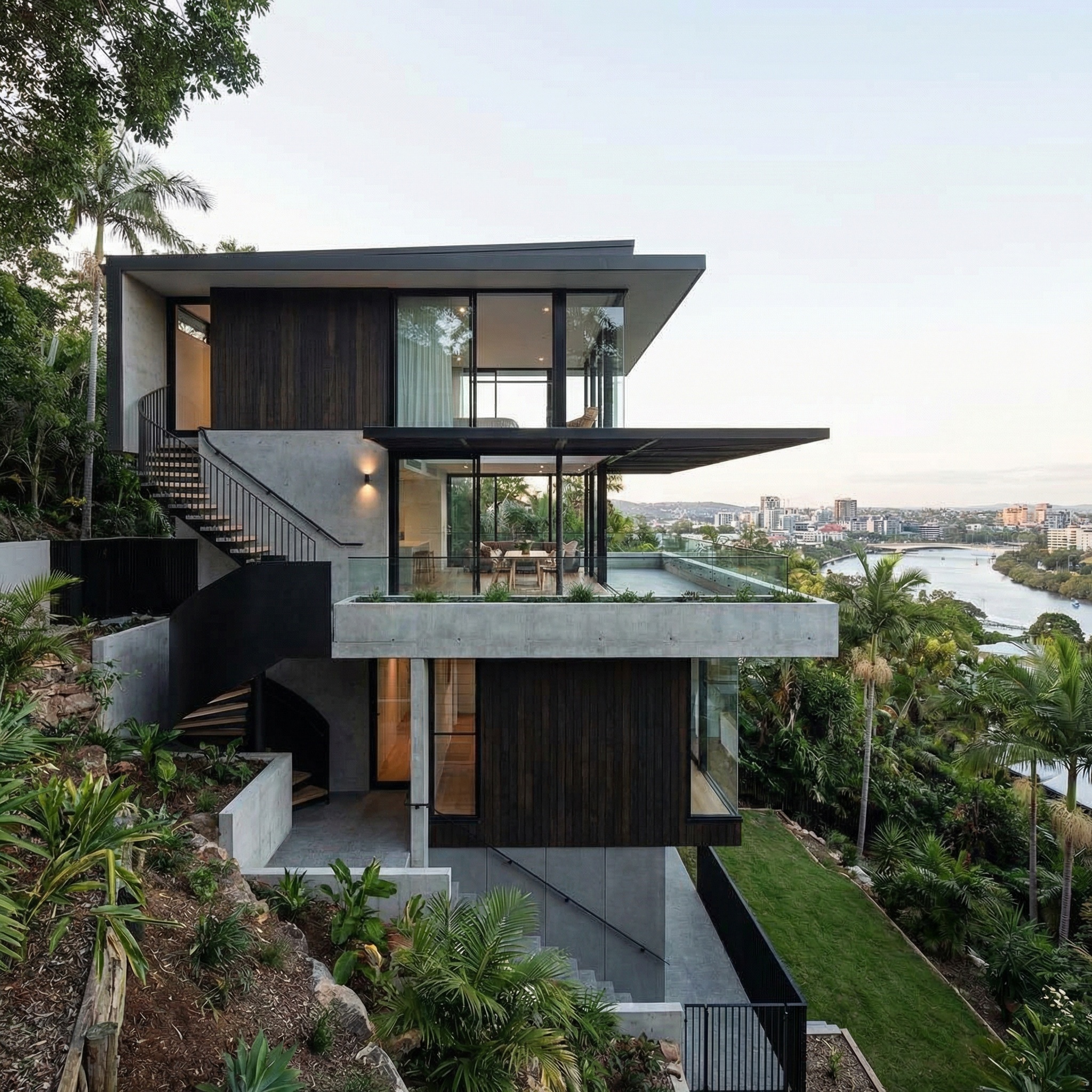Contemporary home architect Brisbane — dark steel and timber on Hamilton Hill, cantilevered deck, louvred screening, subtropical planting, Brisbane River views