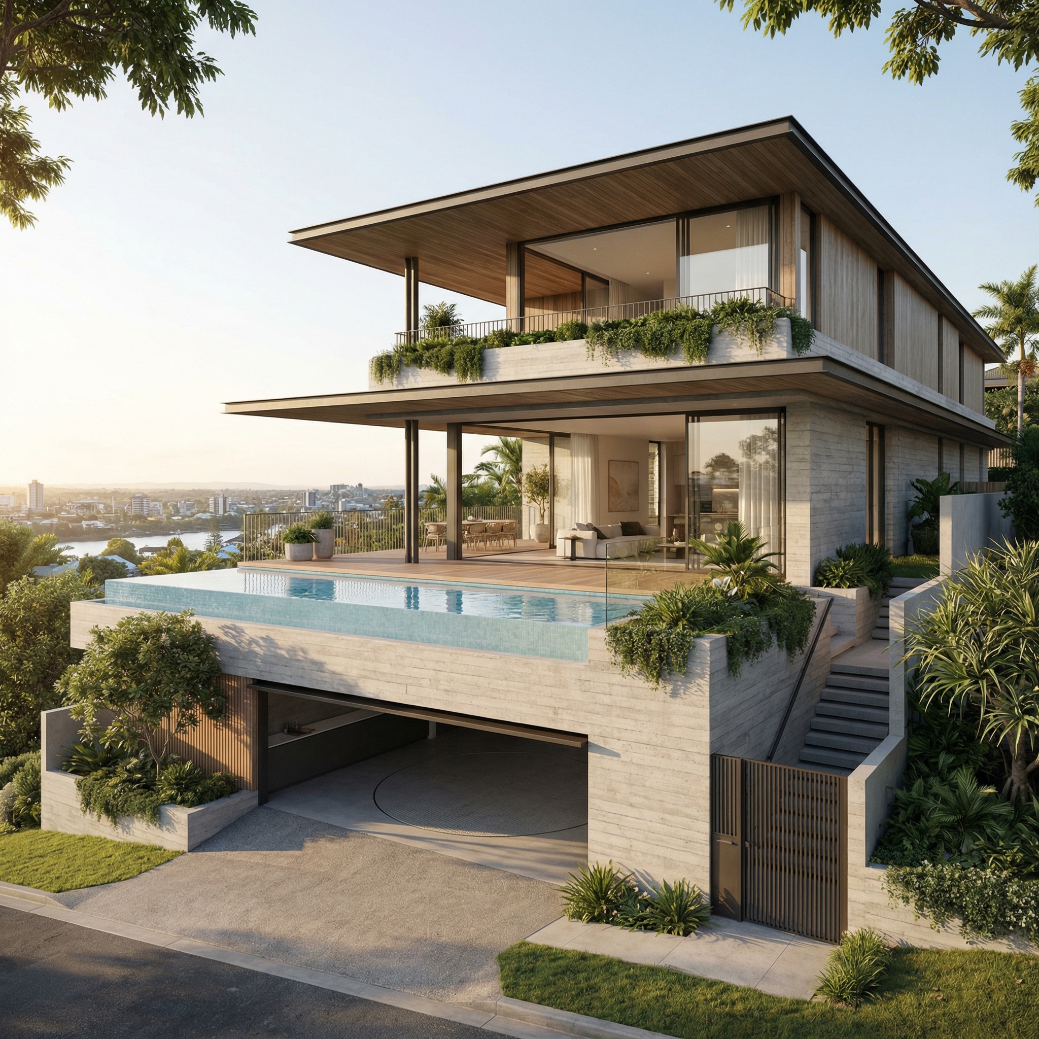 Subtropical modernism architect Brisbane — Quorum Studios prestige home on Hamilton Hill, deep roof overhangs, infinity pool, biophilic planting, river views