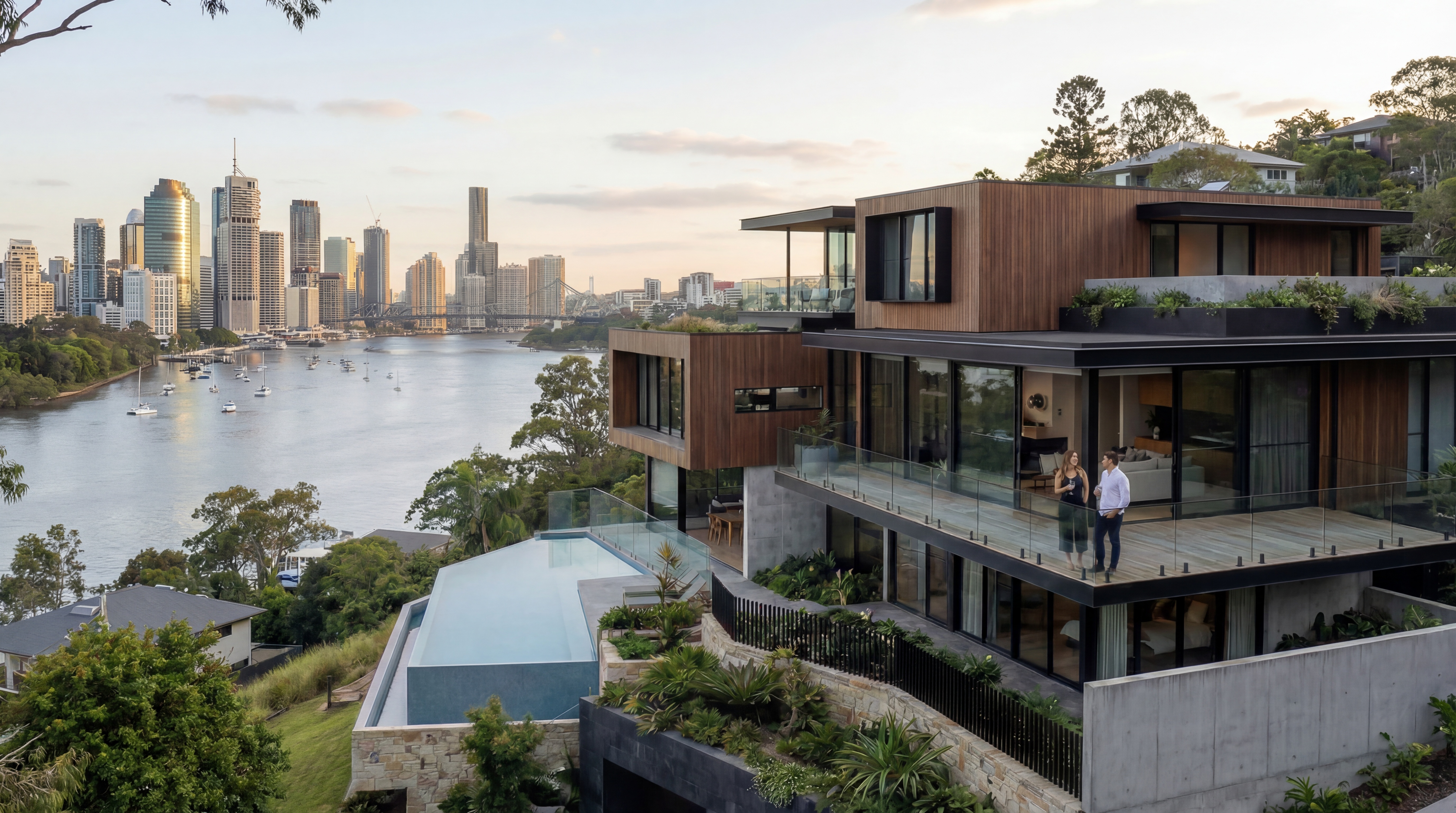 Quorum Studios, Brisbane residential architects — multi-level sloping block home with cantilevered decks, infinity pool, retaining walls and river views
