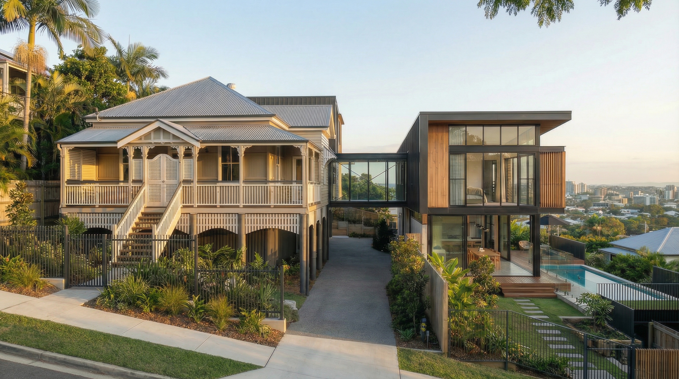 Quorum Studios, Brisbane residential architects — Queenslander with contemporary hillside addition in Brisbane character overlay area, pool and city views