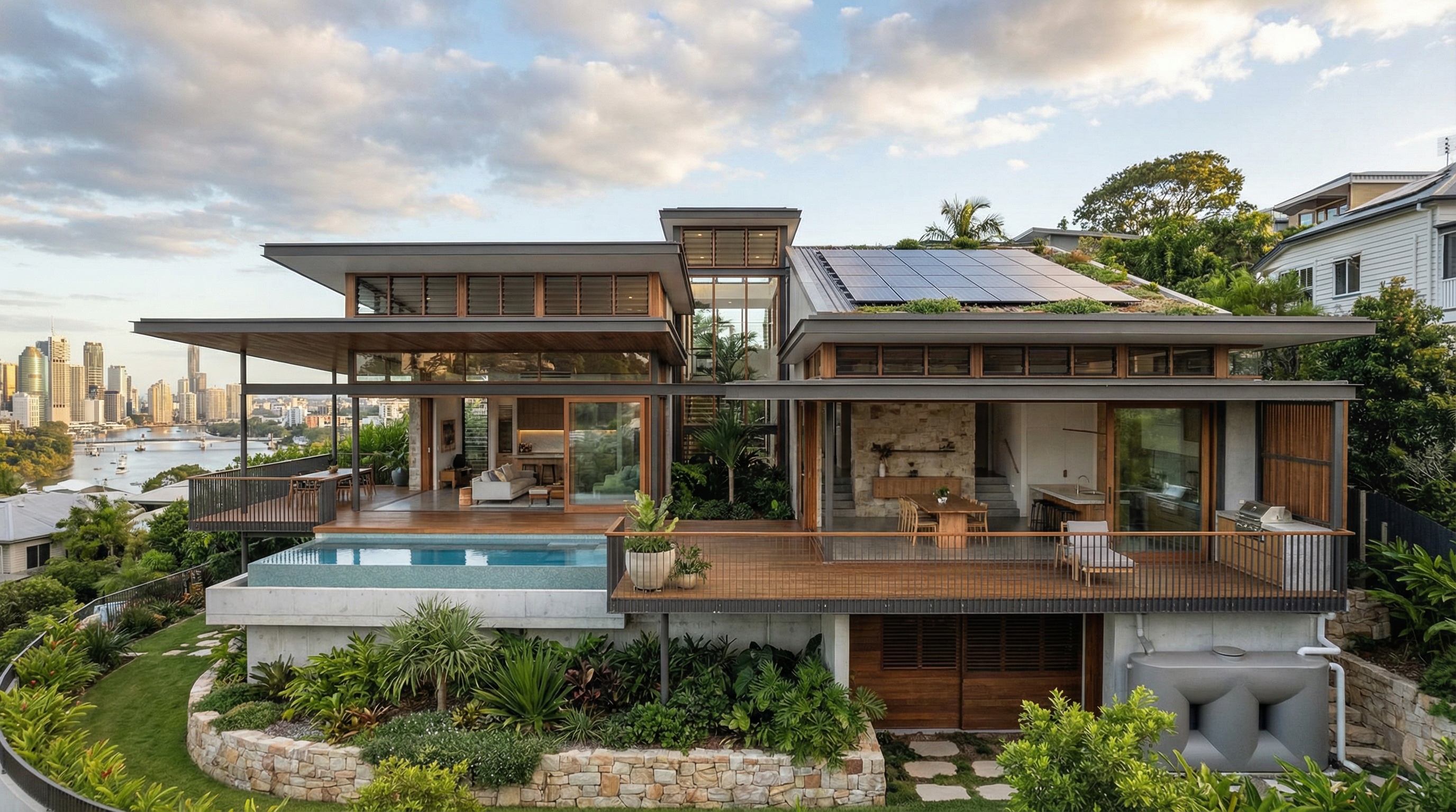 Quorum Studios, Brisbane residential architects — eco-friendly hillside home with rooftop solar panels, deep eaves, infinity pool and Brisbane River views