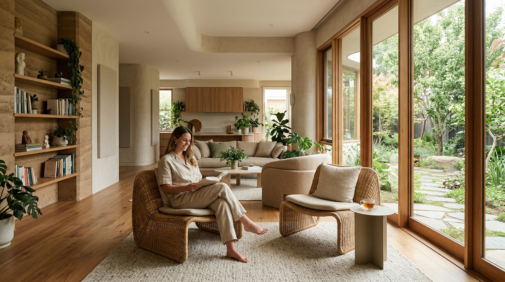 "A woman reads in a calm, light-filled living room designed by Quorum Studios, Brisbane luxury residential architects — featuring rammed earth walls, timber shelving, wicker lounge chairs, and full-height glazed doors opening to a lush garden, exemplifying neuro-architecture principles in luxury home design.