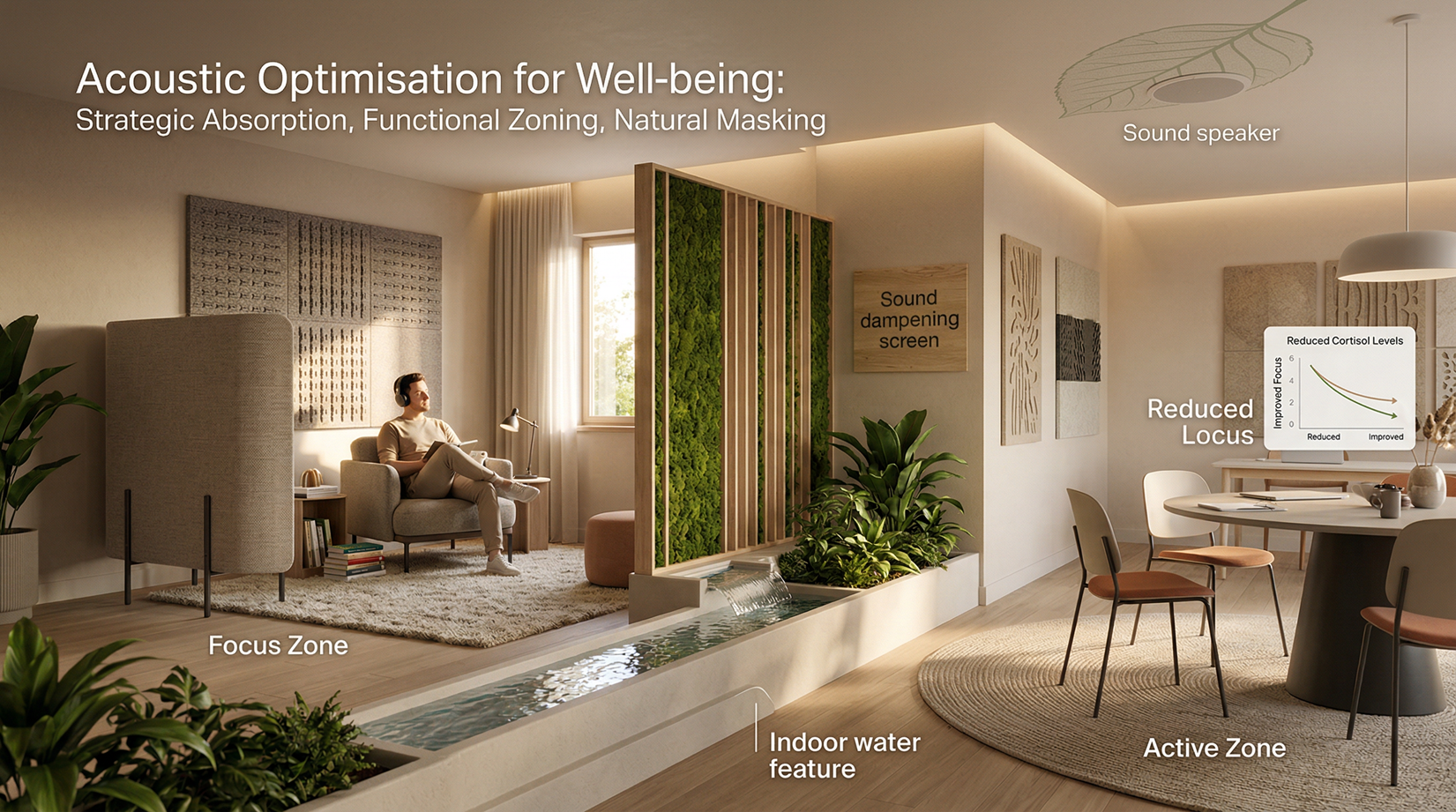 An acoustic design diagram by Quorum Studios, Brisbane luxury residential architects, illustrating how strategic sound absorption, functional zoning, and natural masking — including living green walls, an indoor water feature, and acoustic panels — can be integrated into a luxury home interior to support focus and wellbeing.