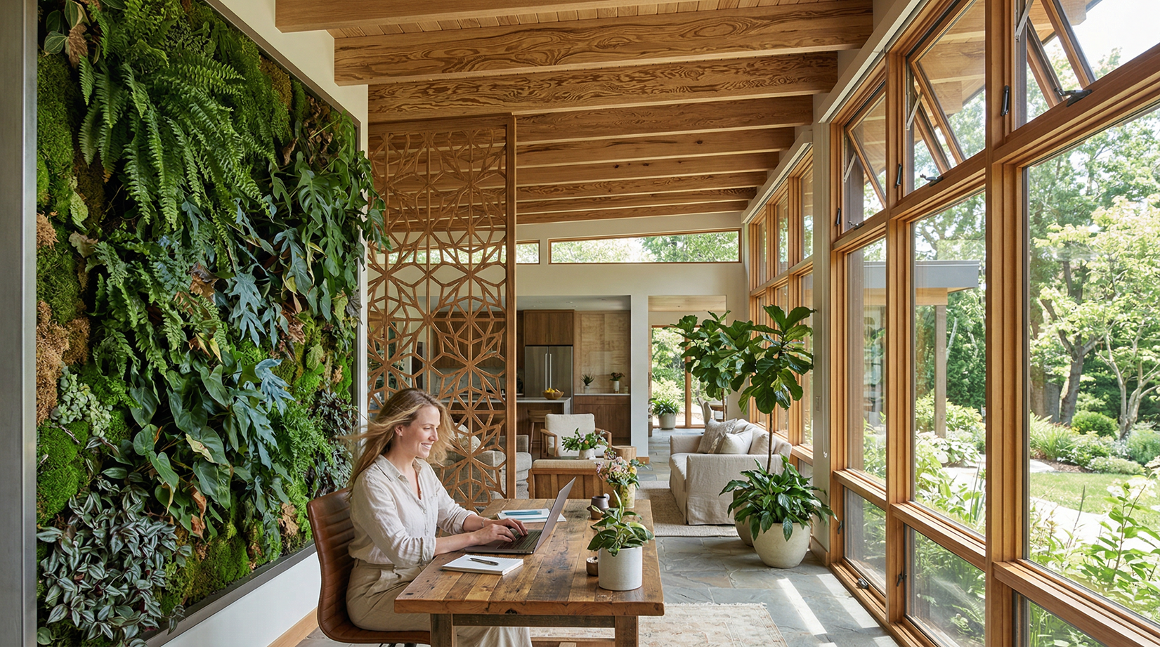 A woman works at a reclaimed timber desk in a biophilic home study designed by Quorum Studios, Brisbane luxury residential architects — featuring a floor-to-ceiling living green wall, exposed timber beams, a decorative timber screen, and full-height windows overlooking a lush garden.