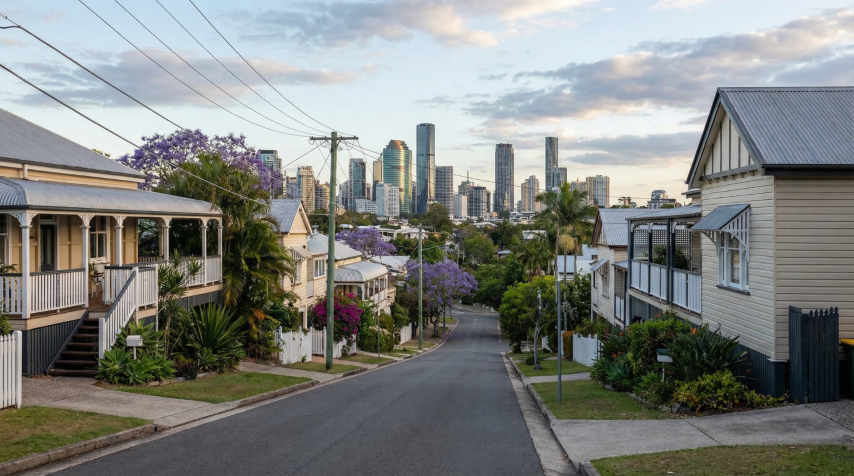 Quorum Studios, Brisbane residential architects — steep Paddington gully street with jacarandas, timber Queenslanders and Brisbane CBD skyline at street's end