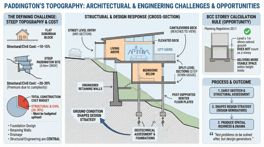 Quorum Studios, Brisbane residential architects — Paddington steep site cross-section: retaining walls, cantilevered deck, cost premium and BCC storey rule