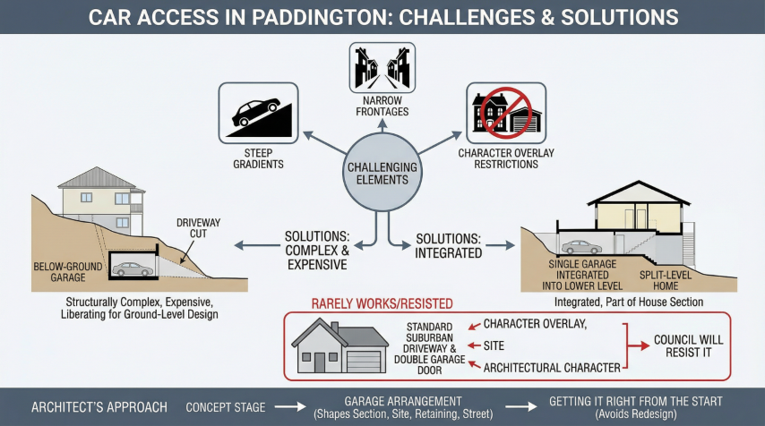 Quorum Studios, Brisbane residential architects — Paddington car access: steep gradients, narrow frontages and overlay restrictions with garage solutions