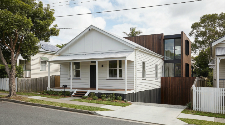 Quorum Studios, Brisbane residential architects — restored white Paddington workers cottage with dark timber and glass contemporary two-storey addition to rear