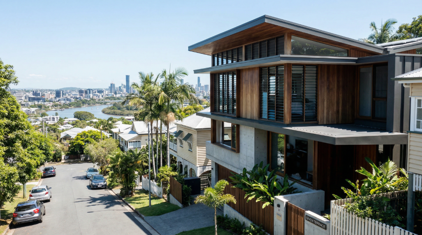 Quorum Studios, Brisbane residential architects — contemporary timber and concrete home on Given Terrace Paddington with steep street and Brisbane River skyline