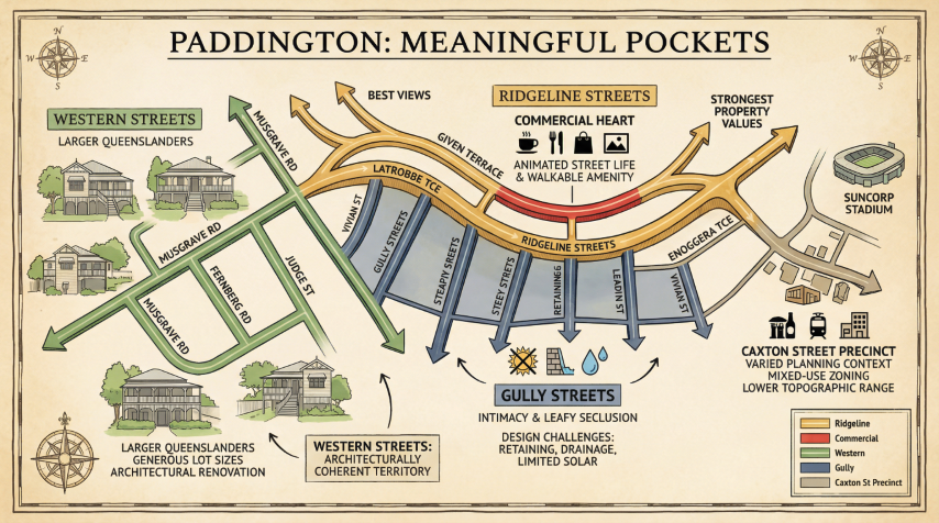 Quorum Studios, Brisbane residential architects — illustrated Paddington pocket map: ridgeline, western and gully streets with design implications for each zone