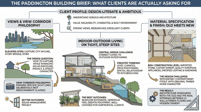 Quorum Studios, Brisbane residential architects — Paddington building brief: view corridors, indoor-outdoor on steep sites and $2M+ construction specification