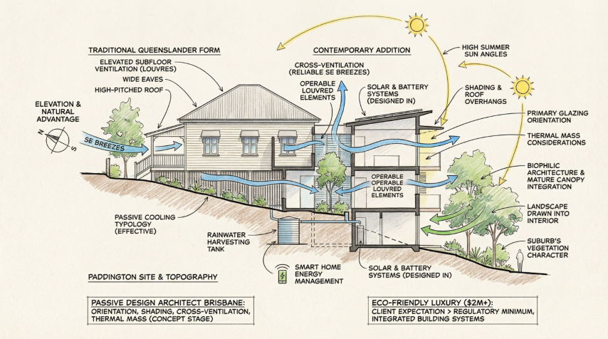 Quorum Studios, Brisbane residential architects — Paddington passive design: Queenslander ventilation, SE breezes, solar panels, louvres and biophilic design