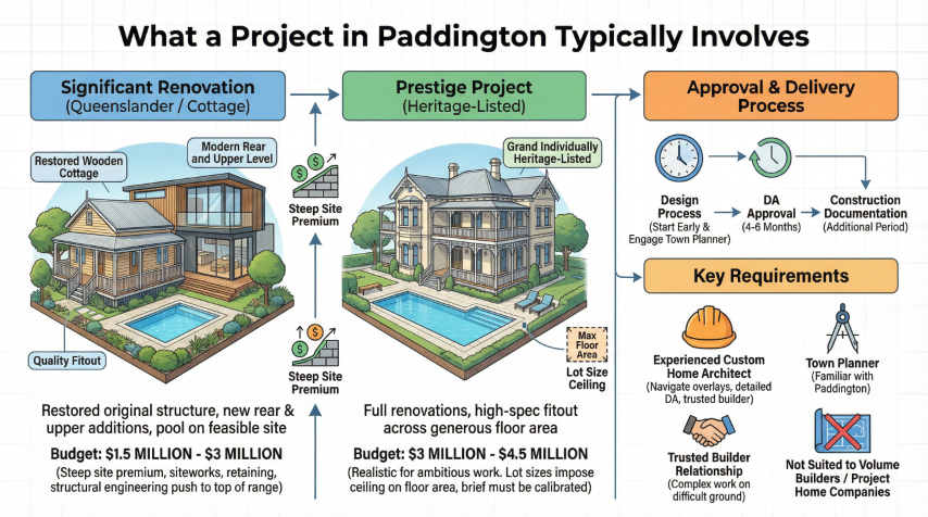 Quorum Studios, Brisbane residential architects — Paddington project costs: renovation $1.5M–$3M, prestige heritage $3M–$4.5M and 4–6 month DA timeline