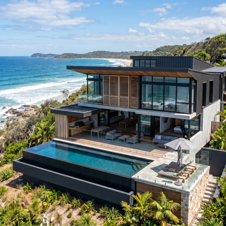Quorum Studios, residential architects — aerial luxury Noosa coastal headland home with stone retaining, timber deck, pool terraces and ocean panorama