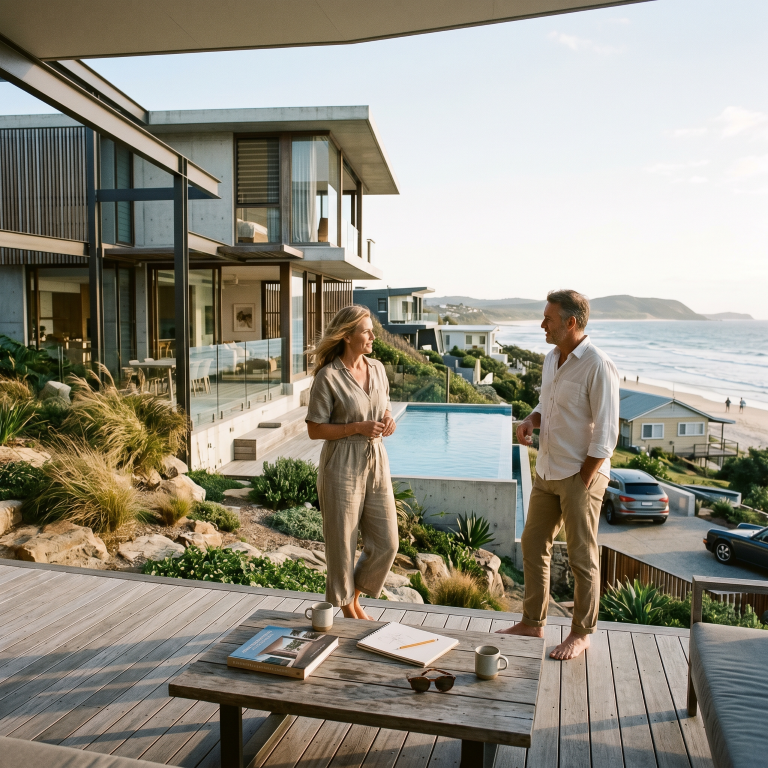 Quorum Studios, residential architects — luxury Sunshine Coast coastal home with timber deck, infinity pool, ocean views and indoor-outdoor living