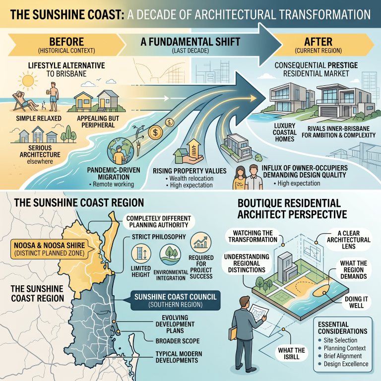 Quorum Studios, residential architects — Sunshine Coast decade of architectural transformation: Noosa Shire and Sunshine Coast Council planning comparison