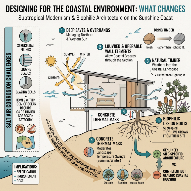 Quorum Studios, residential architects — coastal architecture diagram: subtropical modernism, salt air C4 corrosion, deep eaves, louvres and biophilic design