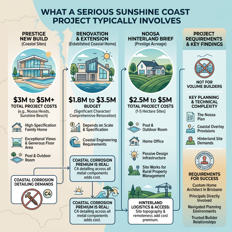 Quorum Studios, residential architects — Sunshine Coast project requirements: C4 coastal detailing, Noosa Plan, custom architect and trusted builder
