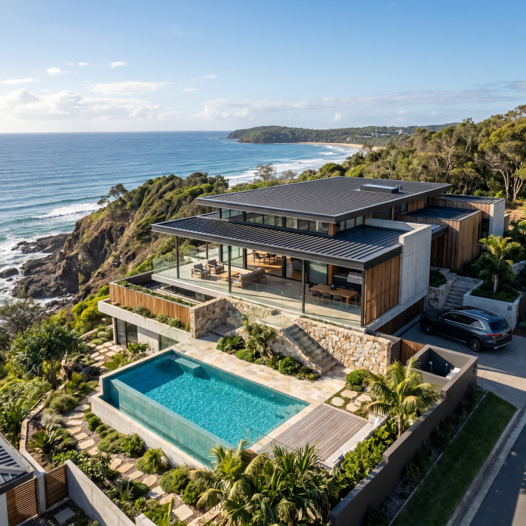 Quorum Studios, residential architects — aerial Noosa Hinterland prestige home with solar panels, pool, stone and timber and views to Sunshine Coast