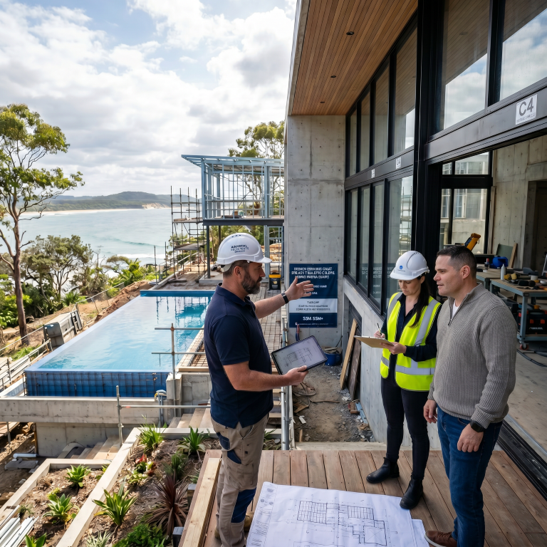 Quorum Studios, residential architects — Sunshine Coast project costs: prestige new build $3M–$5M+, coastal renovation $1.8M–$3.5M, hinterland acreage brief