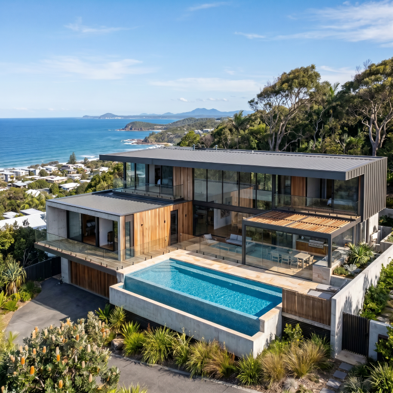 Quorum Studios, residential architects — aerial Sunshine Coast prestige coastal home with timber louvres, infinity pool and expansive ocean headland views