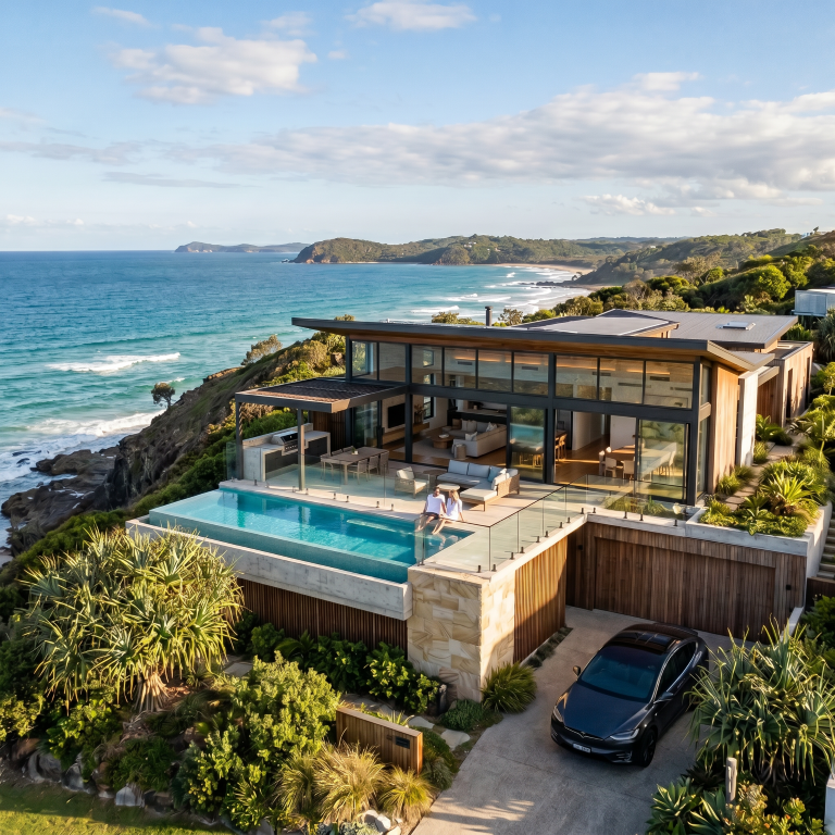 Quorum Studios, residential architects — aerial Noosa coastal prestige home with stone, timber, infinity pool and full ocean and headland panorama