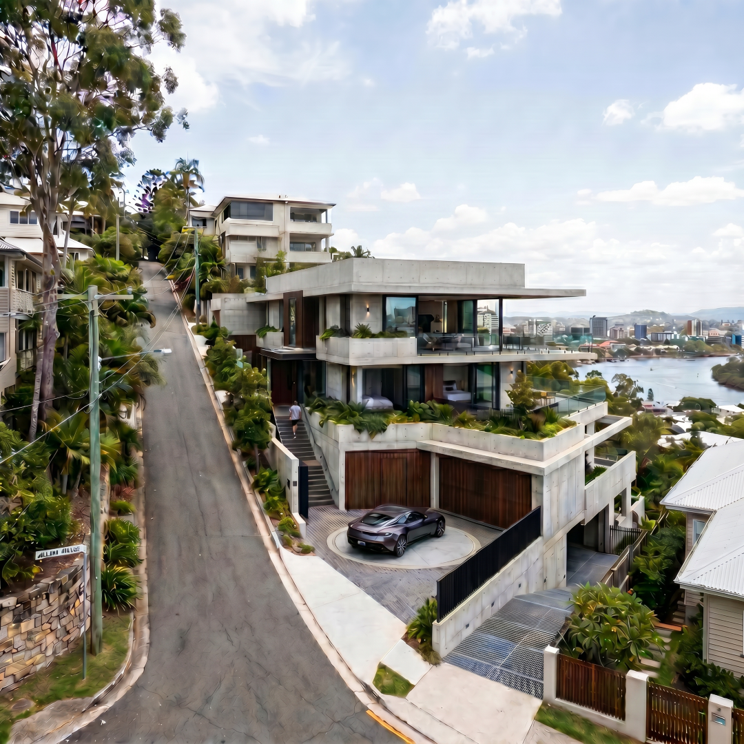 Three-level luxury home on Hamilton Brisbane sloping block — street garage with car turntable, cantilevered pool terrace, open-plan living above, Quorum Studios