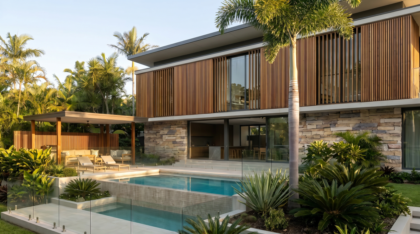 Pool terrace of a prestige Brisbane project by Quorum Studios architects, with a tiled lap pool enclosed by a frameless glass fence, covered outdoor lounge pavilion, sandstone-clad lower walls, timber-battened upper facade, and mature palms framing the sky