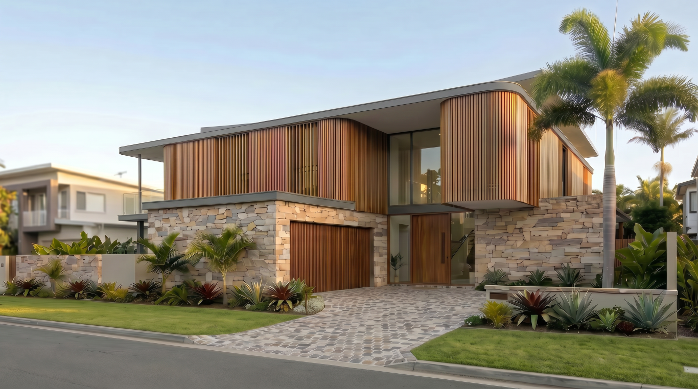 Two-storey luxury residence designed by Quorum Studios architects, with a hand-laid sandstone ground floor, warm timber-battened upper level, floating flat roof, cobblestone driveway, and a landscaped tropical front garden photographed at dusk in Brisbane.