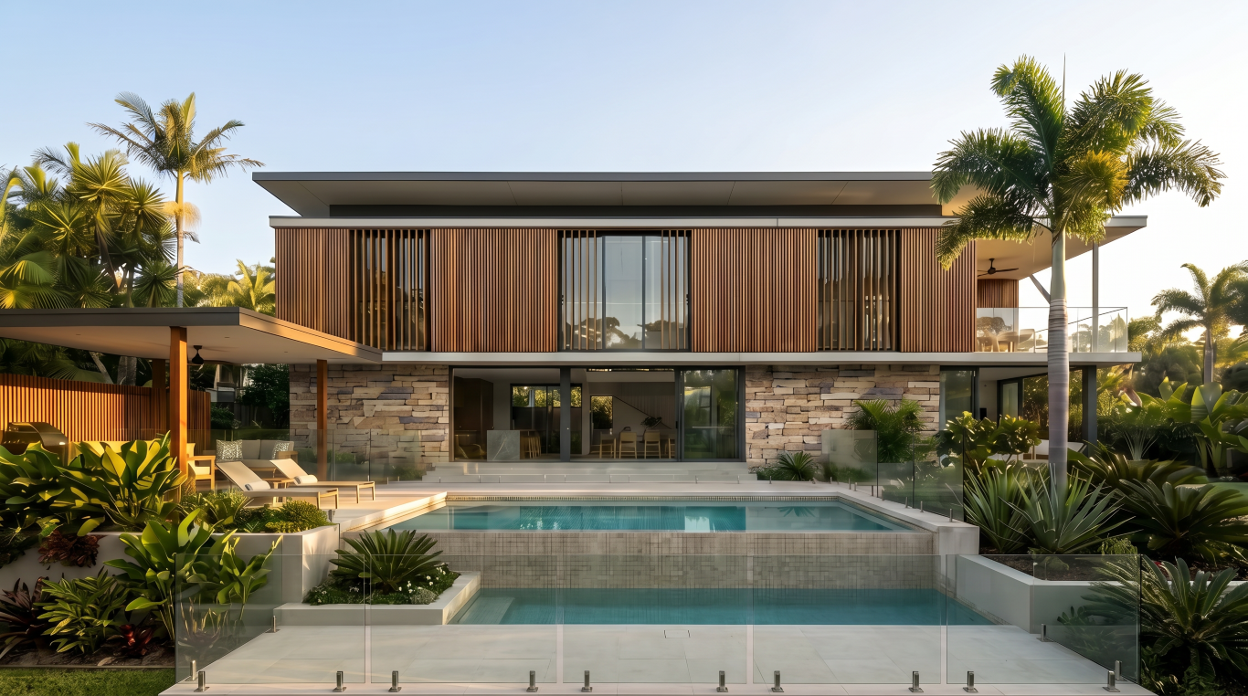 Rear elevation of a luxury Brisbane home by Quorum Studios architects, with a rectangular lap pool, frameless glass balustrade, limestone terrace, freestanding timber pergola with lounge seating, and full-height glazing opening to the tropical garden.