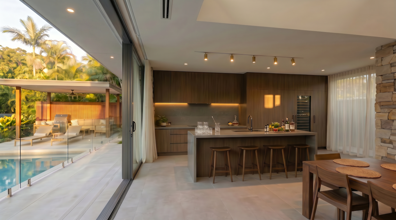Open-plan kitchen in a luxury home by Quorum Studios architects, with floor-to-ceiling dark timber cabinetry, stone island bench with timber bar stools, brass track lighting, and bifold glazing open to the pool terrace and tropical garden.