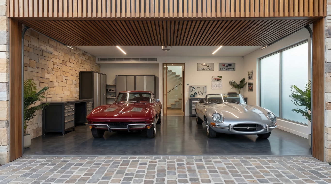 Bespoke double garage by Quorum Studios architects, with a timber-batten ceiling, sandstone feature wall, polished concrete floor, and two classic cars — a burgundy Chevrolet Corvette and a silver Jaguar E-Type — viewed through the open roller door.
