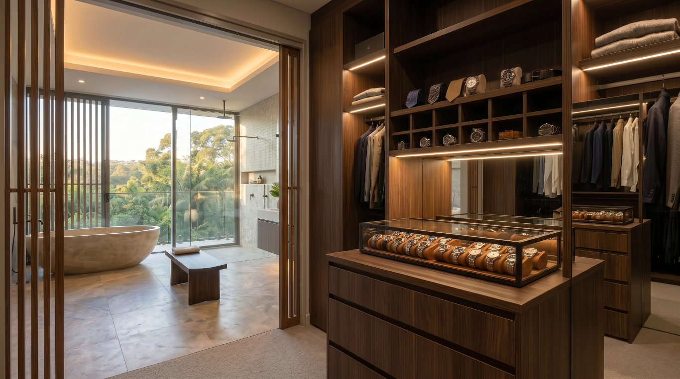 Bespoke walk-in wardrobe by Quorum Studios architects, with dark timber joinery, LED strip lighting, open shelving displaying a watch collection, a glass-topped island display cabinet, and a framed opening to an ensuite with freestanding stone bath and tre
