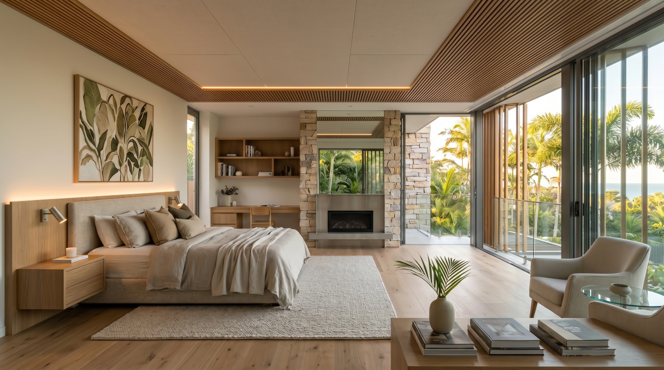 Master bedroom in a luxury Brisbane residence by Quorum Studios architects, with a timber-batten ceiling, wide-plank oak floors, stone fireplace, botanical artwork, and bifold glazing opening to a private balcony with palm tree and ocean views.