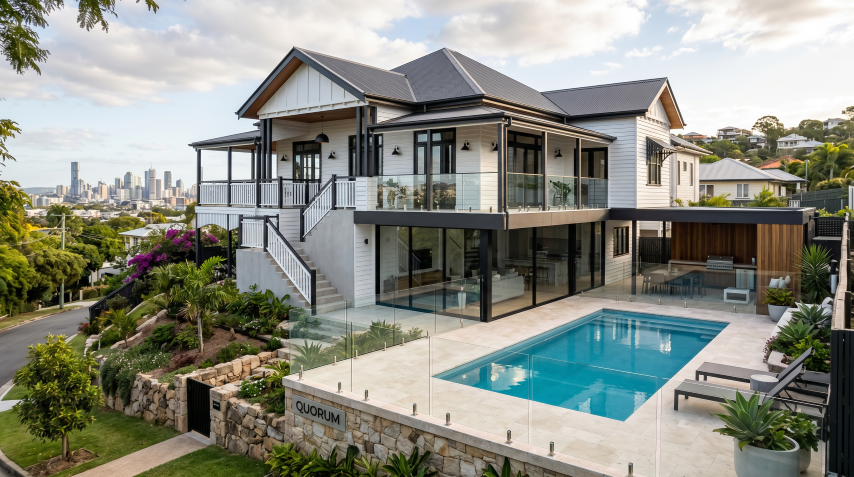 Quorum Studios character home renovation in Brisbane's inner suburbs — a reimagined Queenslander-style residence with white weatherboard, dark roof, wraparound verandah, and a contemporary pool and glass balustrade addition, with the city skyline visible in the background.