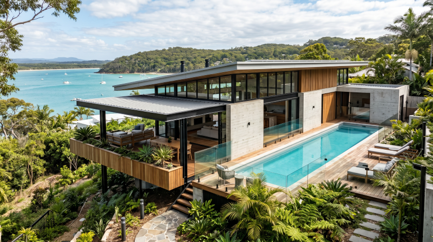 A Quorum Studios coastal bespoke home combining board-formed concrete, timber screens, and expansive glazing, positioned to maximise water views across a tropical bay with a pool terrace overlooking the inlet.
