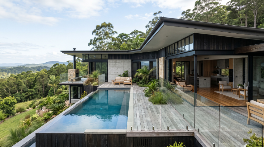 Quorum Studios residential design showcasing an open-plan pavilion house with dark-framed glazing, a lap pool, and lush tropical landscaping integrated into a hillside site with hinterland views.